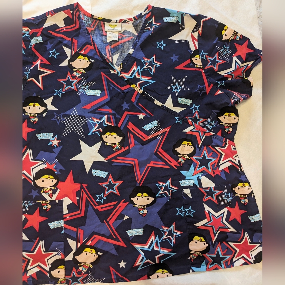 DC Wonder Woman V-Neck Cotton Scrub Top - Picture 2 of 9